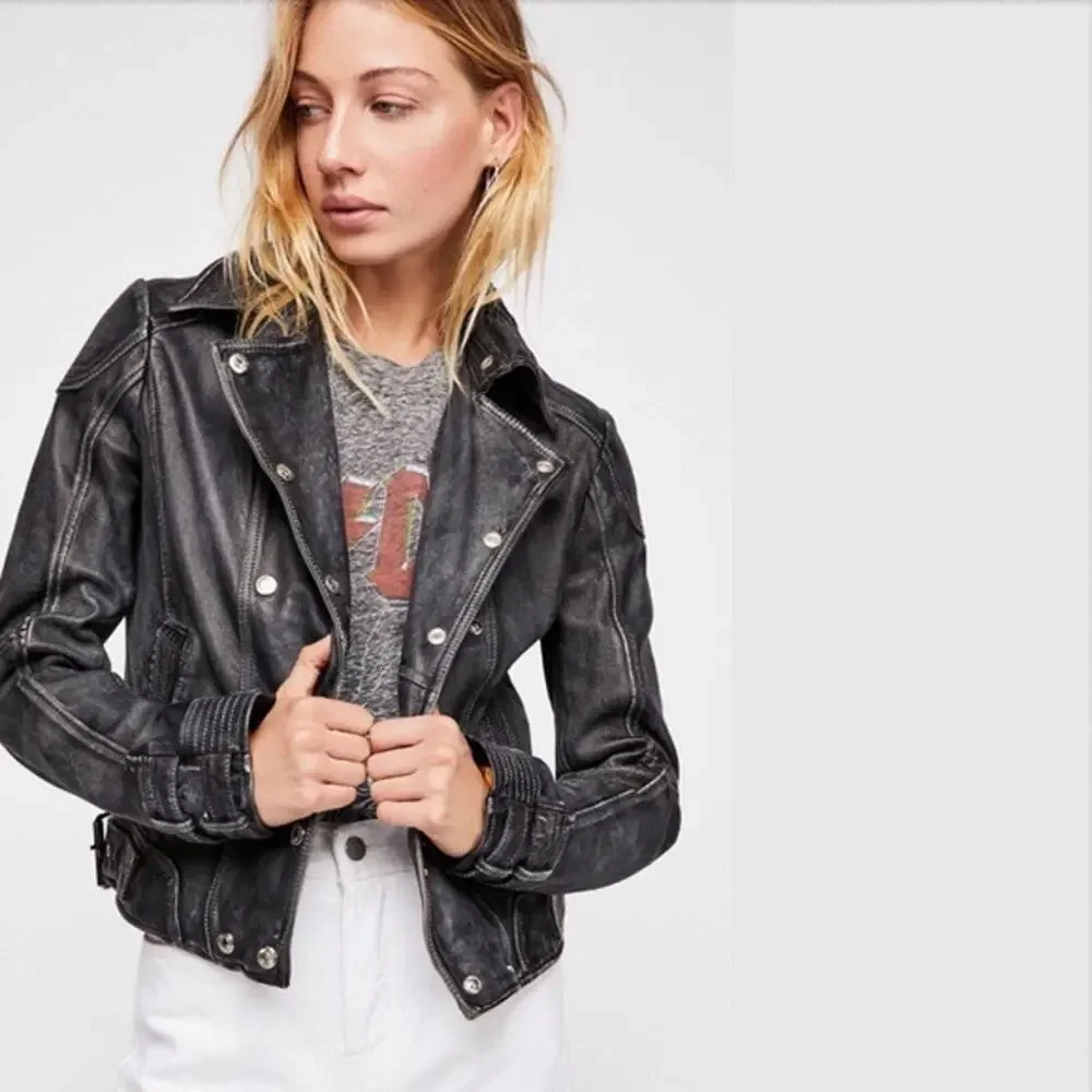 FREE PEOPLE Avis Distressed Lamb Leather Moto Jacket NWT S Small $498 - Picture 2 of 11